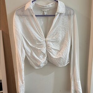 White Long Sleeve Cropped Button Down Shirt with Ruched Detail